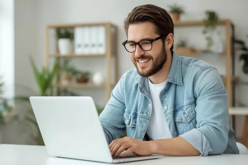 Mann vor Laptop in Online-Meeting